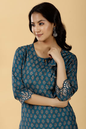 Teal Color Printed Cotton Kurta