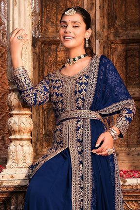 Navy Color Georgette Embroidered Suit With Skirt