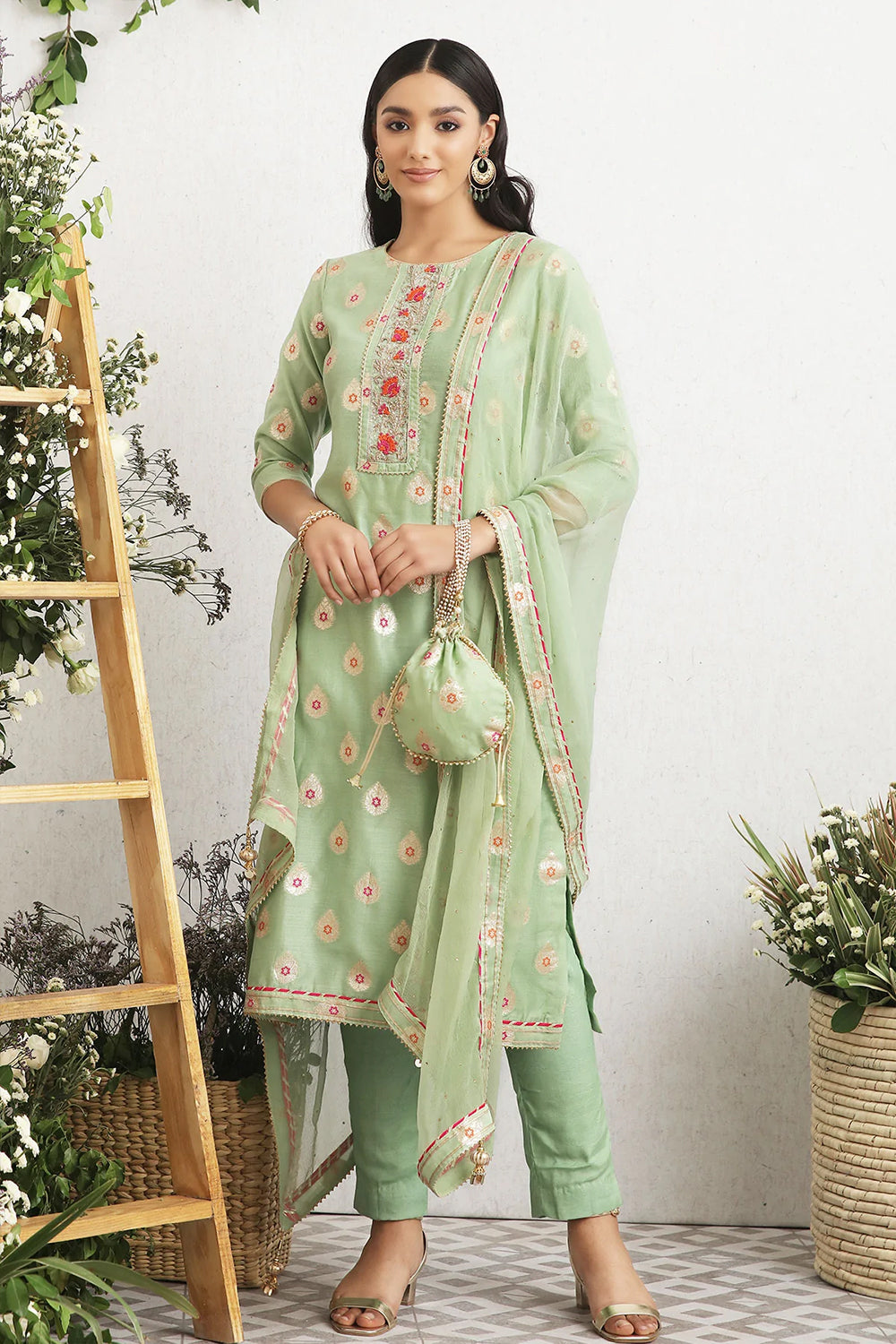 Pista Color Chanderi Woven Suit Material.