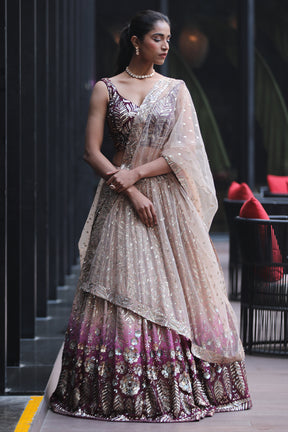 Beige and Wine Ombre Color Georgette Lehenga