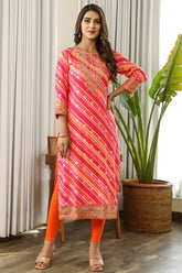 Fuchsia Pink Color Leheria Printed Cotton Kurti.