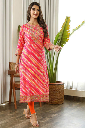 Fuchsia Pink Color Leheria Printed Cotton Kurti.