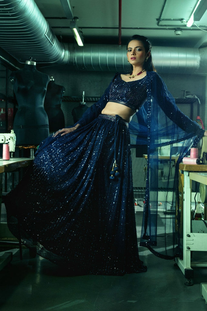 Navy Colour Sequins Work Net Lehenga.