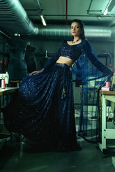 Navy Colour Sequins Work Net Lehenga.