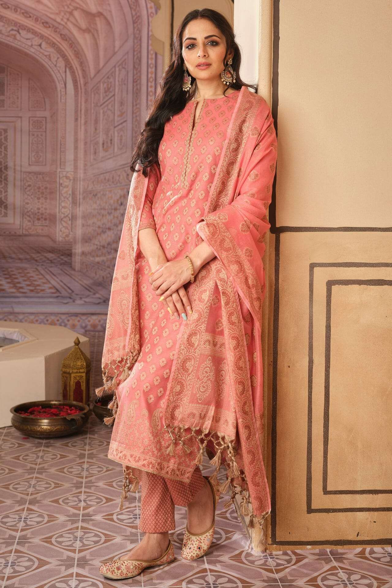 Candy Pink Banarasi Cotton Suit Material.