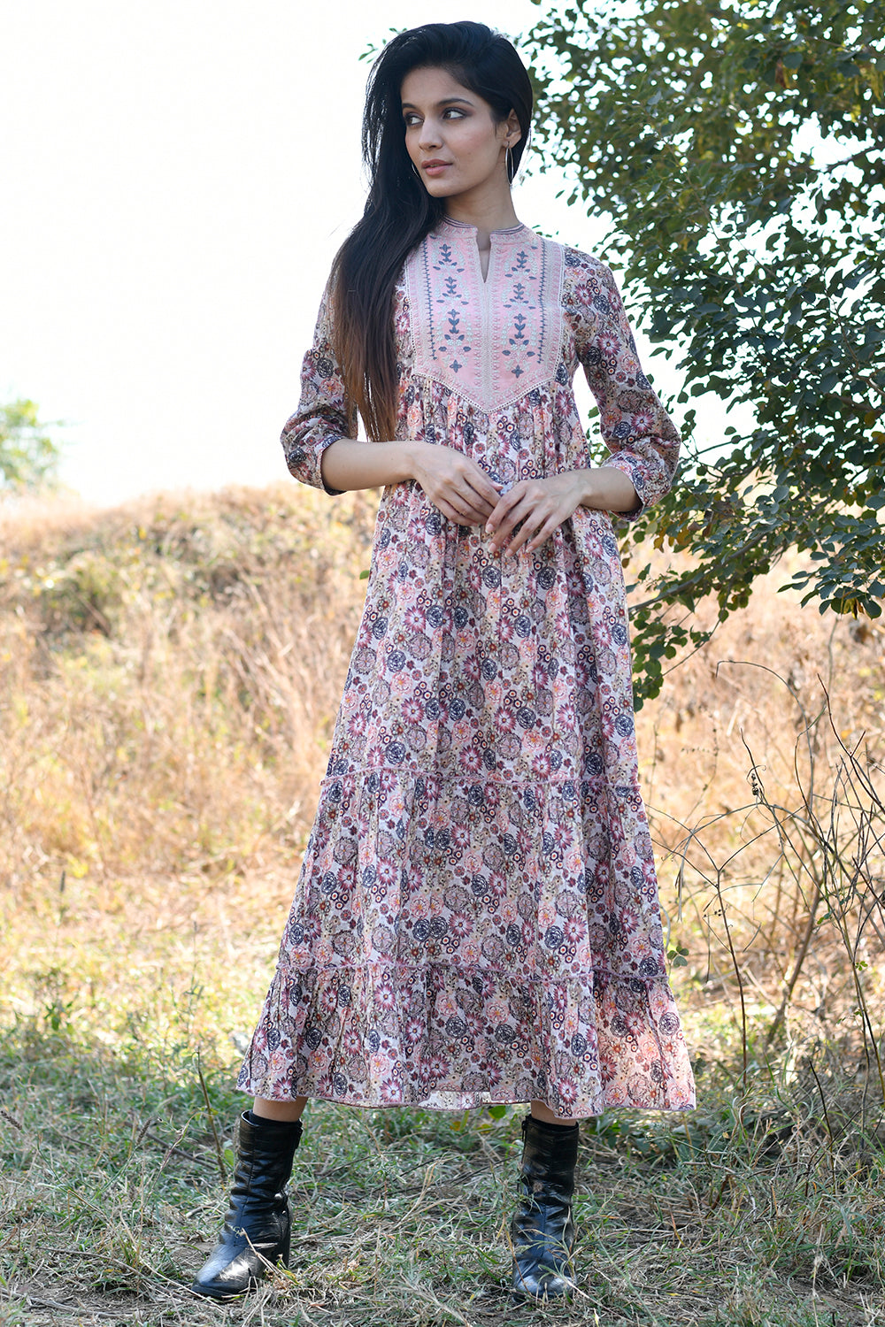 Multi-Colour Cotton Printed Peonies Dress
