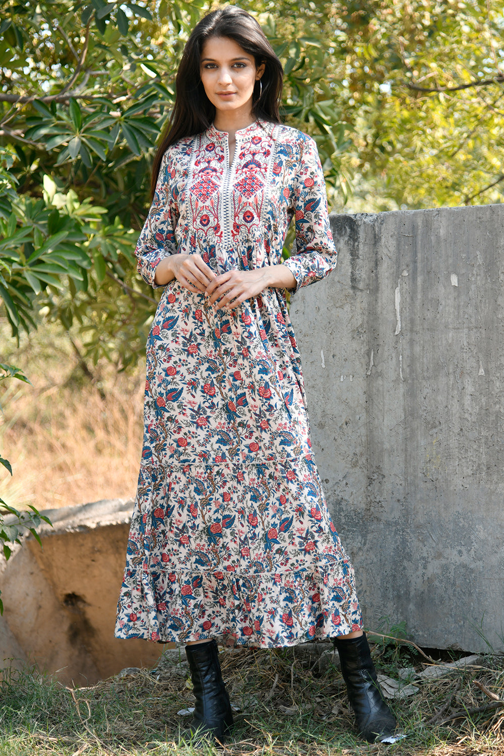 Beige Colour Cotton Printed Peonies Dress