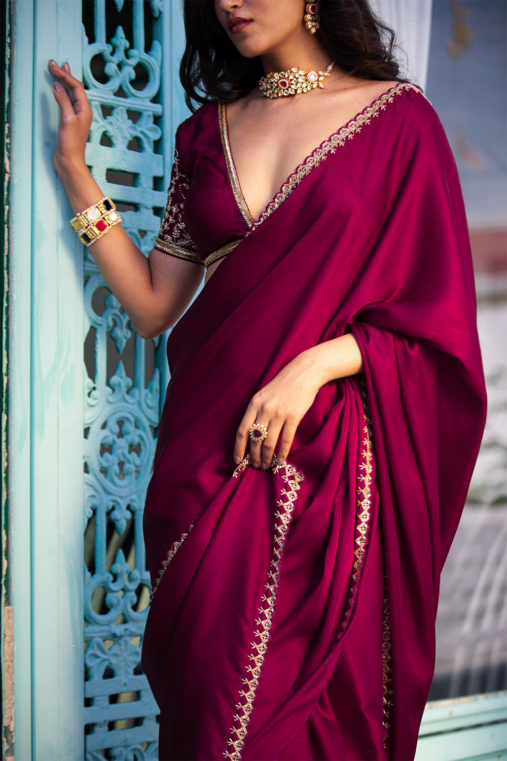 Dark Scarlet Colour Satin Saree