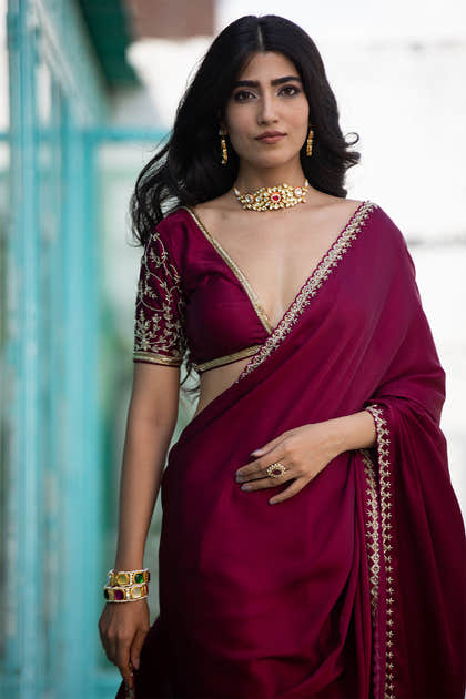 Dark Scarlet Colour Satin Saree