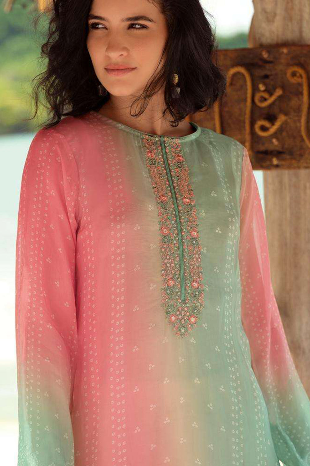 Coral Pink Color Organza Print Unstiched Suit Material