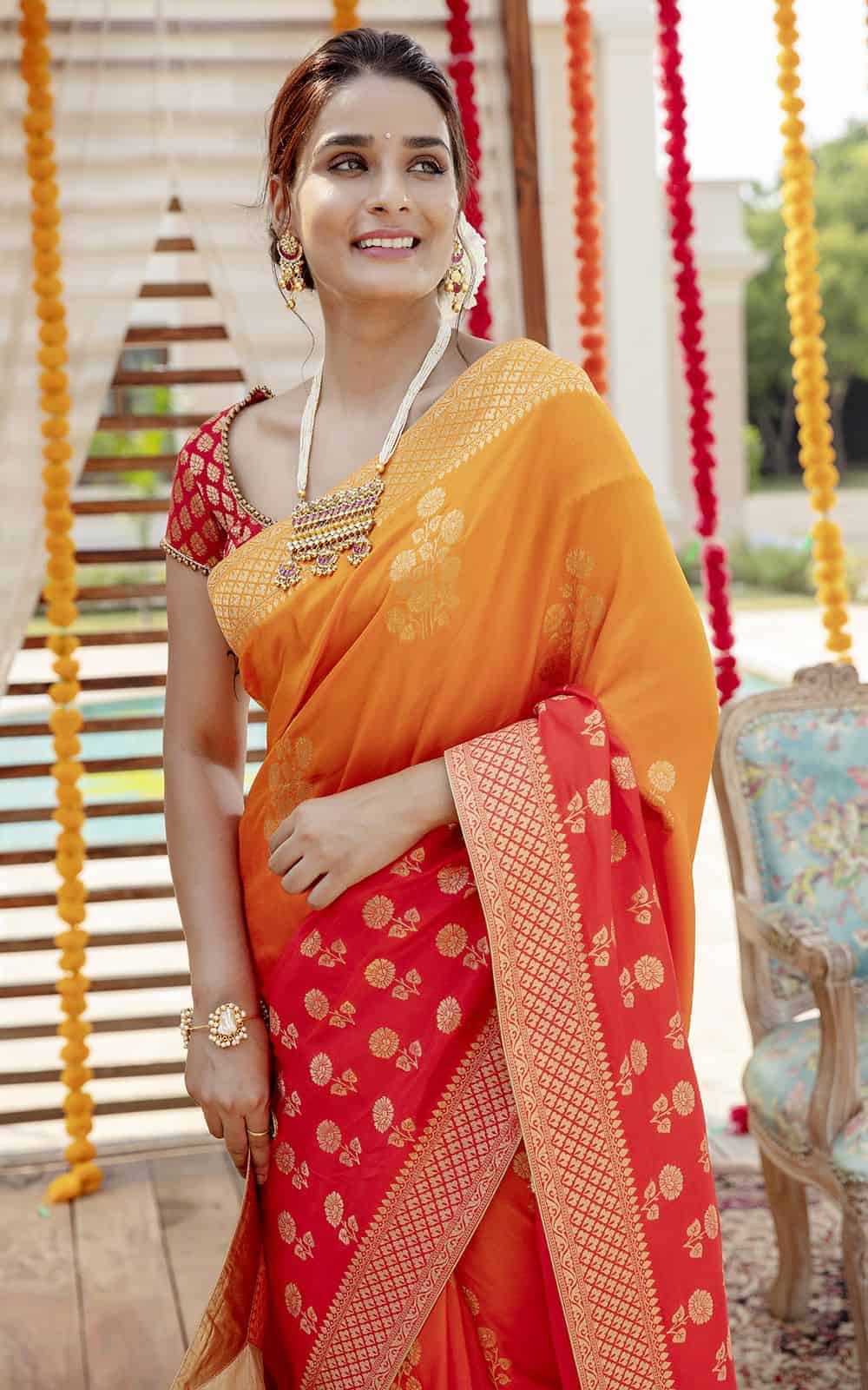 Orange & Red shaded crepe silk saree.