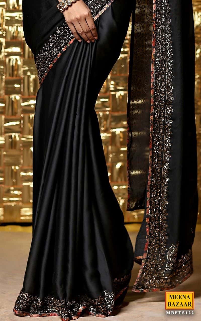 Black Satin crepe saree with swarovski work.