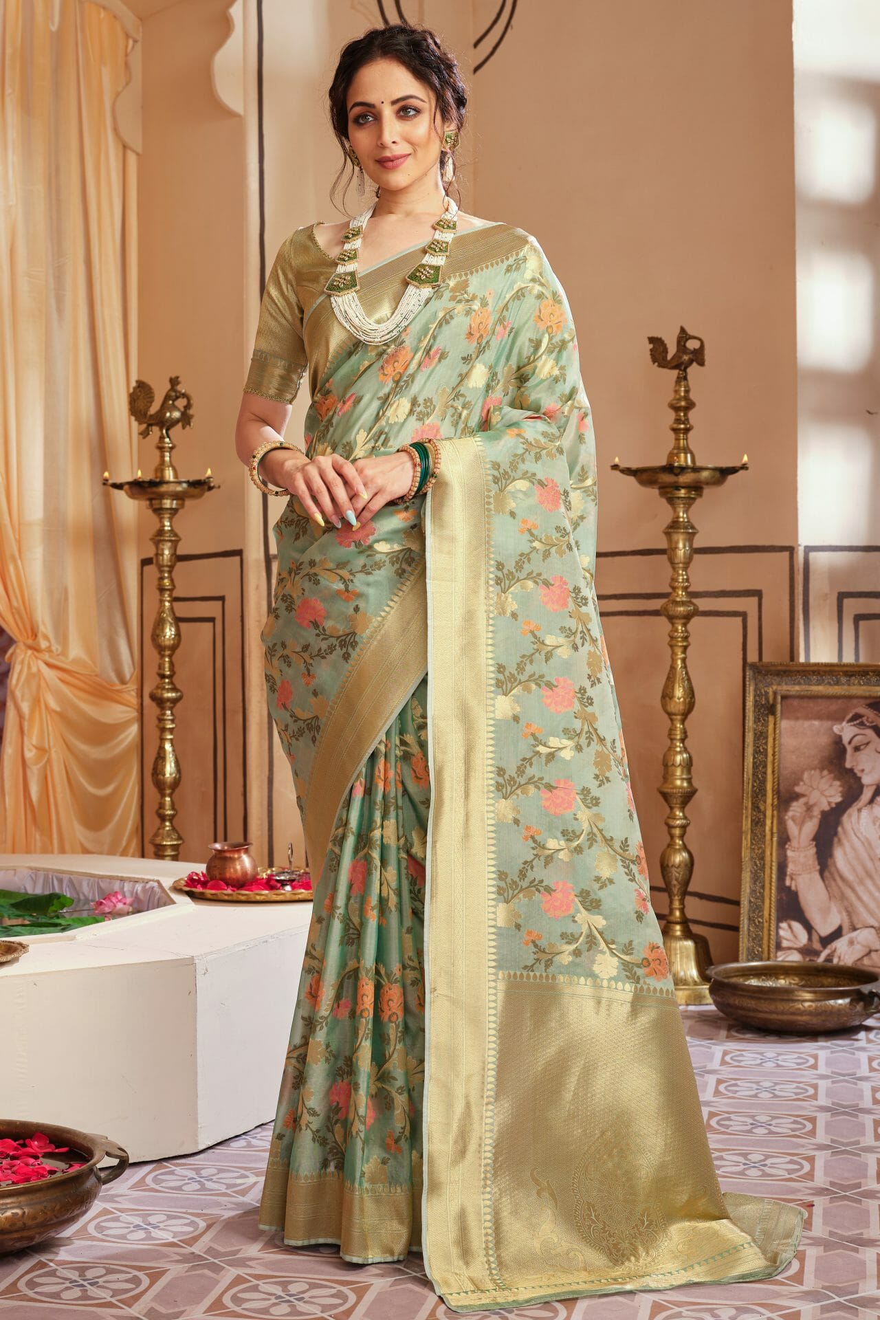 Sea Green Colour Kora silk Saree