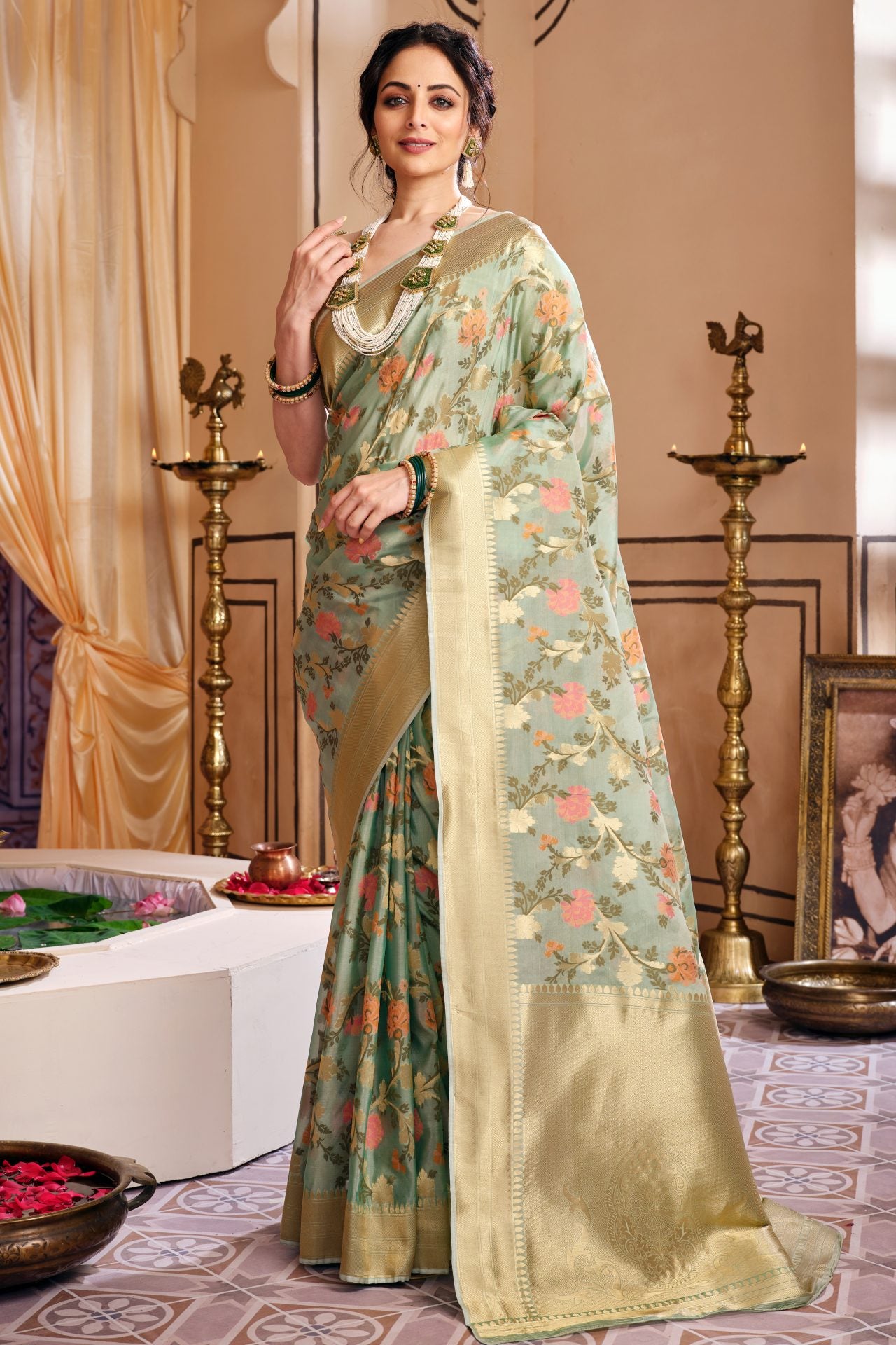 Sea Green Colour Kora silk Saree