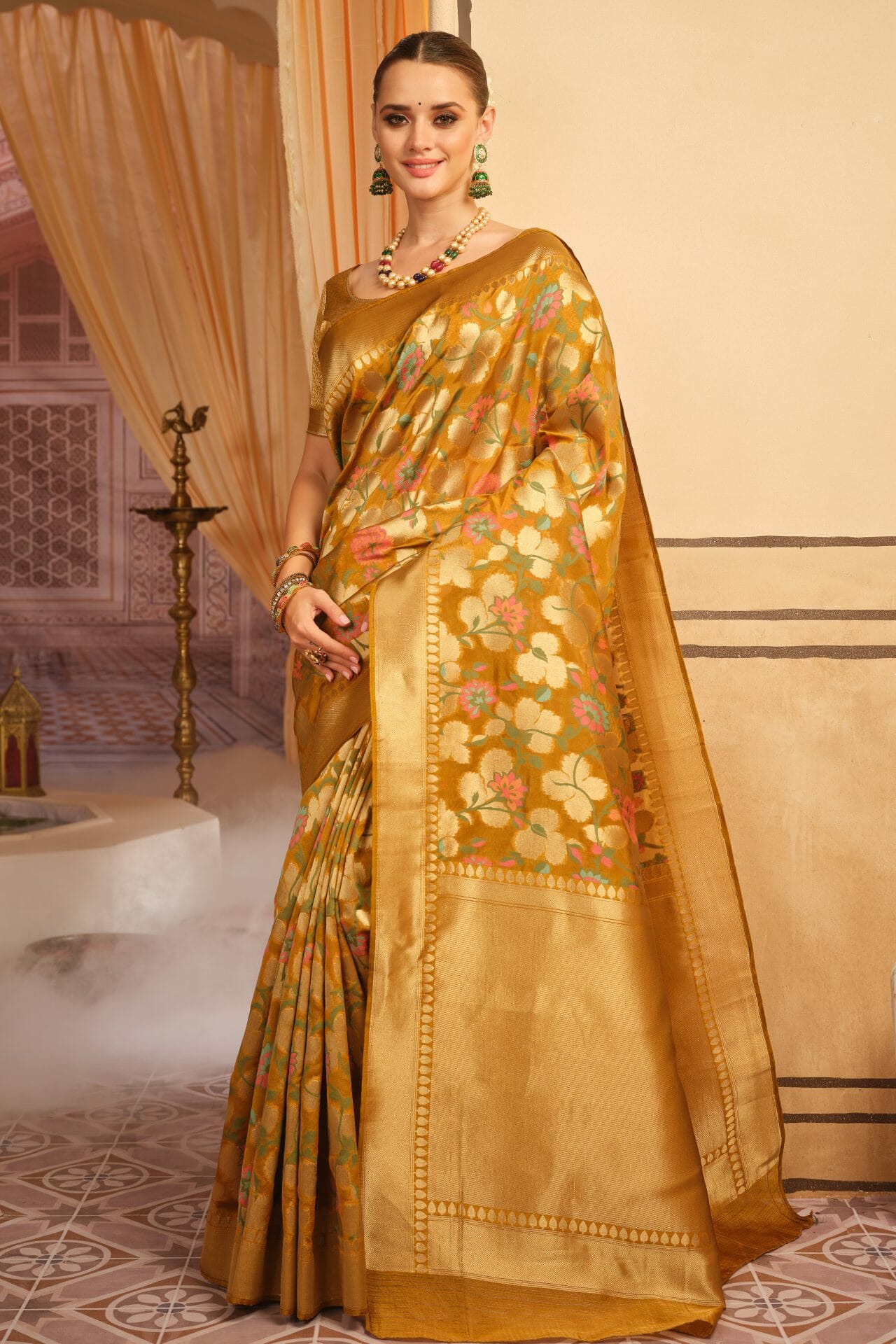 Mustard Organza Silk Banarasi Saree