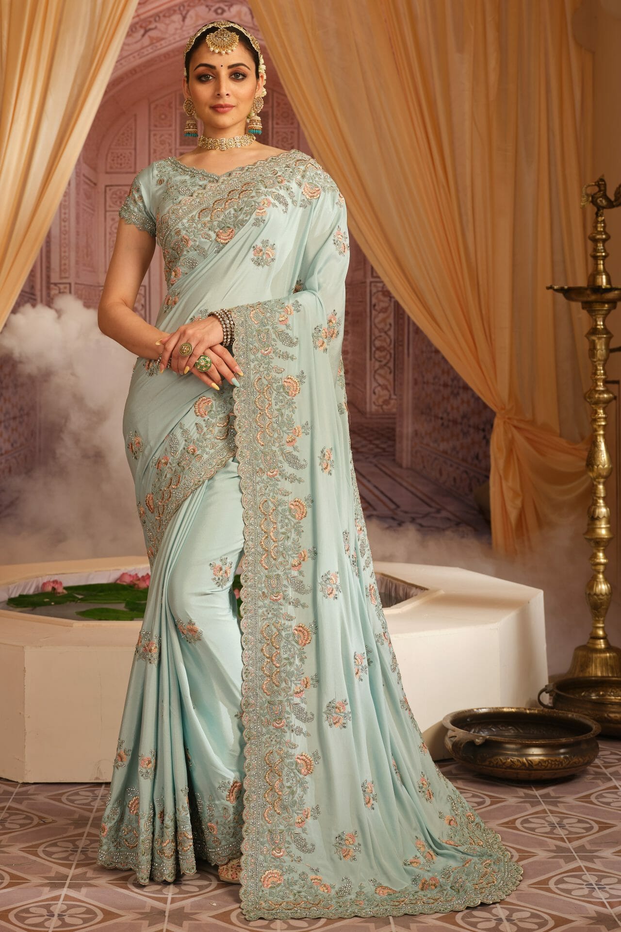 Powder Blue Crepe Silk Saree.