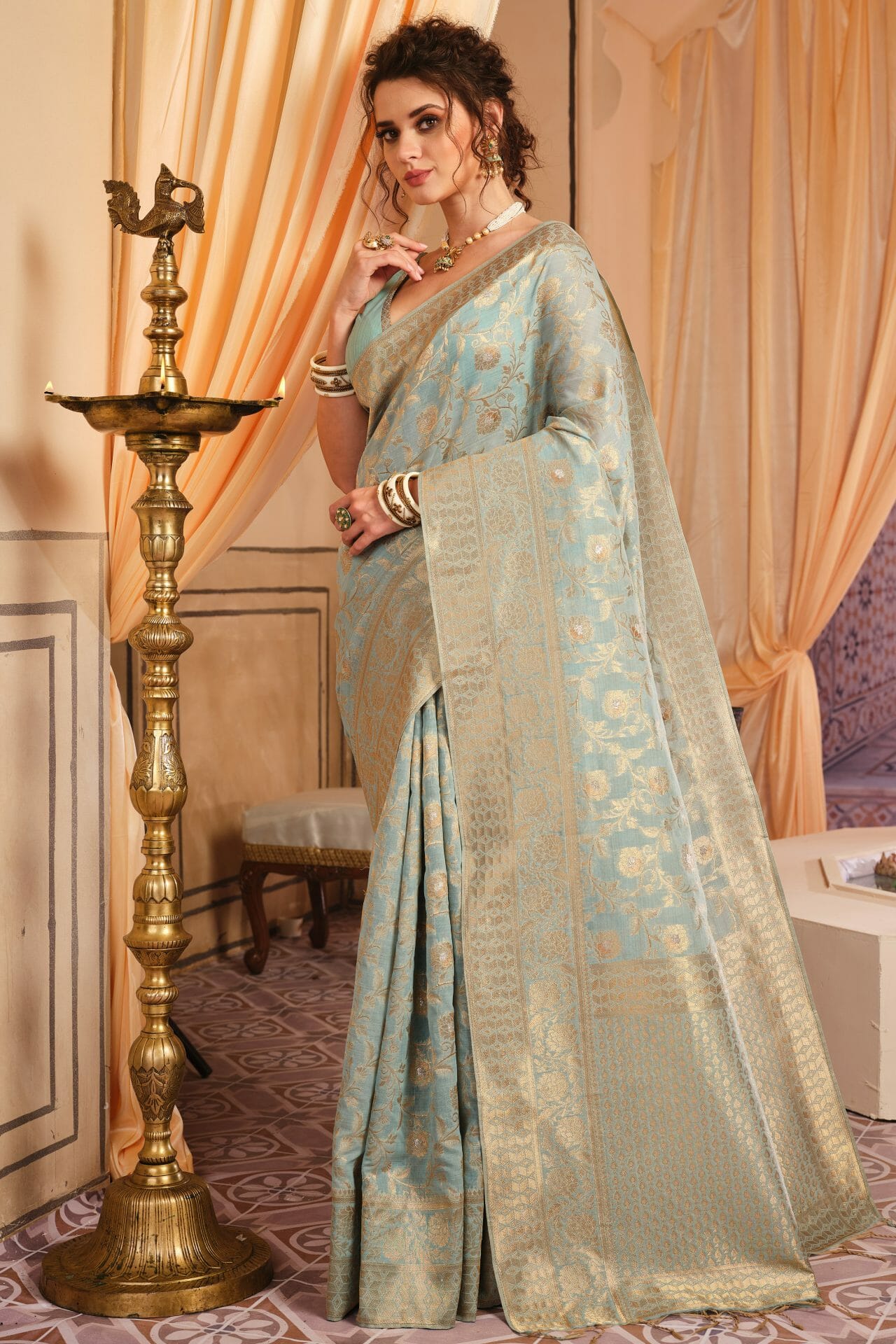 Turquoise Color Chanderi Silk Saree Meena Bazaar
