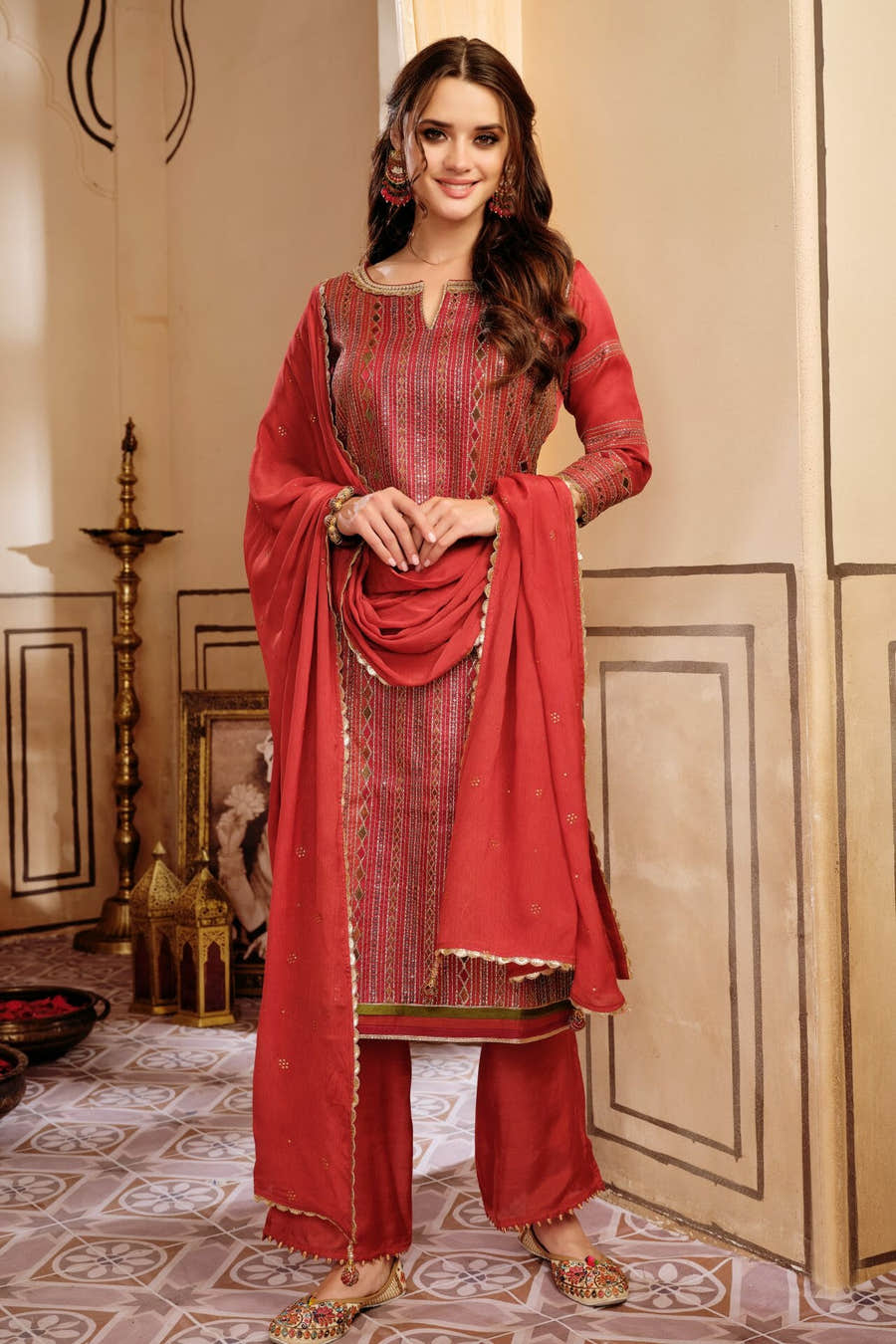 Rust Colour Tussar Silk Unstitched Suit Material.