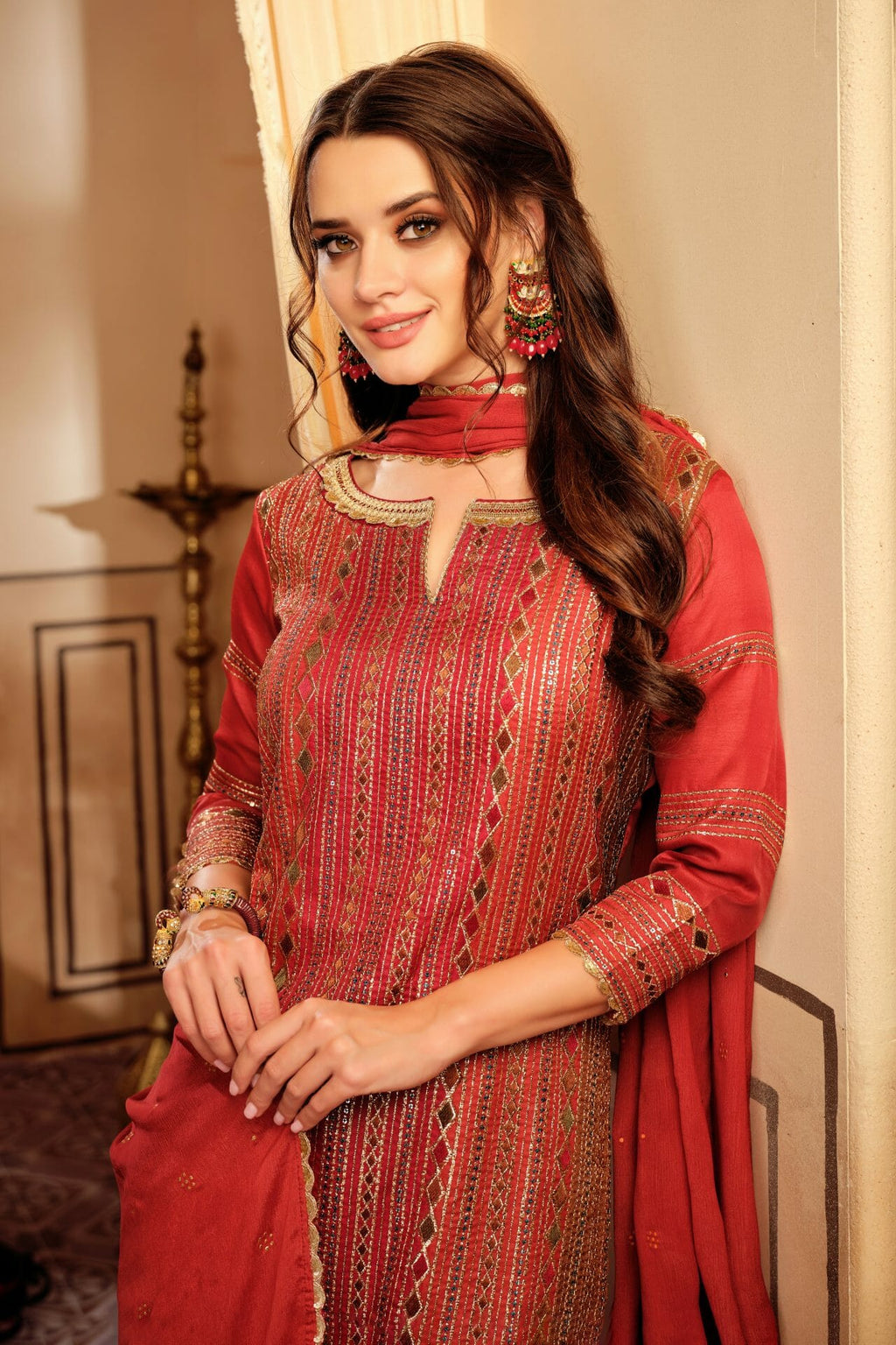 Rust Colour Tussar Silk Suit Material.