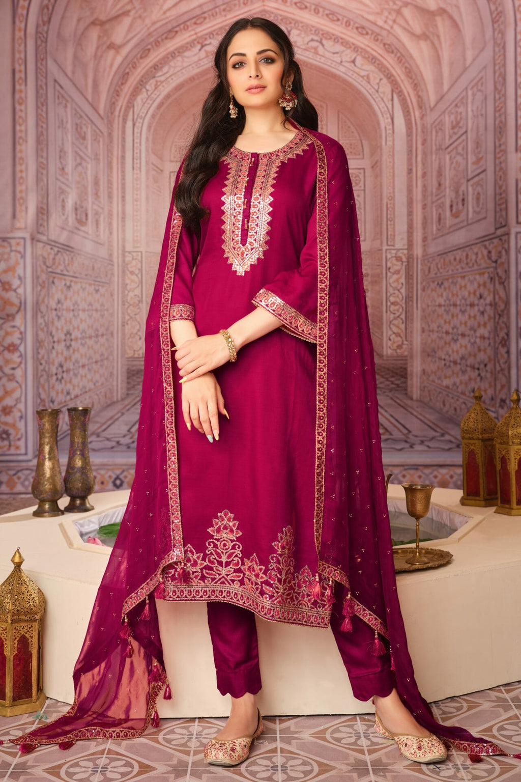 Maroon Colour Silk Unstitched Suit Material.