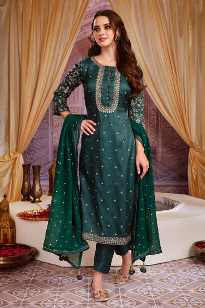 Green Colour Silk Unstitched Suit Material