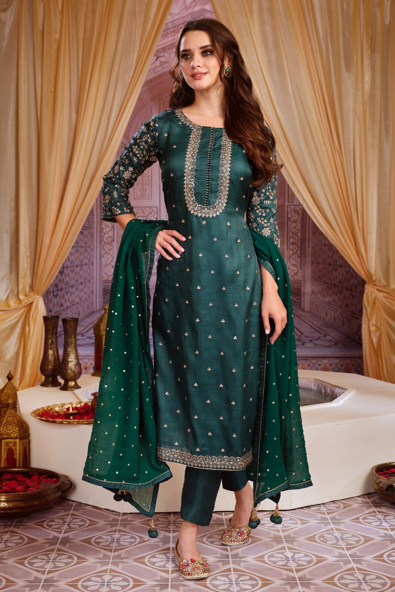Green Colour Silk Suit Material