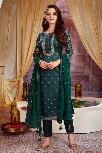 Green Colour Silk Unstitched Suit Material