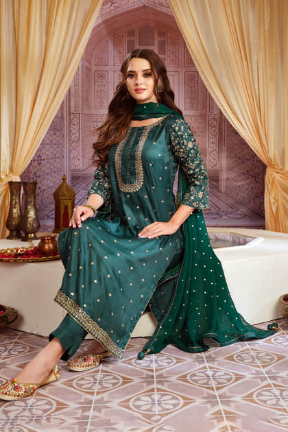Green Colour Silk Unstitched Suit Material