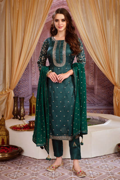 Green Colour Silk Unstitched Suit Material