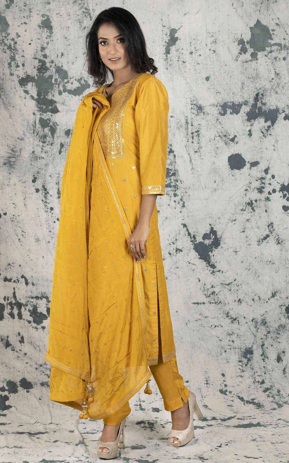 Mustard Silk Suit Material with Zari &amp; Sequins work.