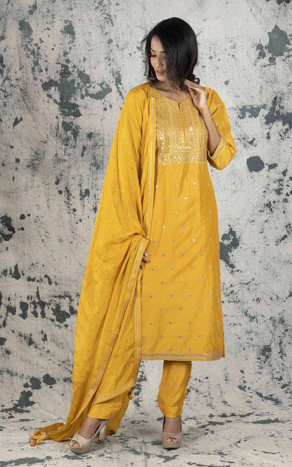 Mustard Silk Suit Material with Zari &amp; Sequins work.