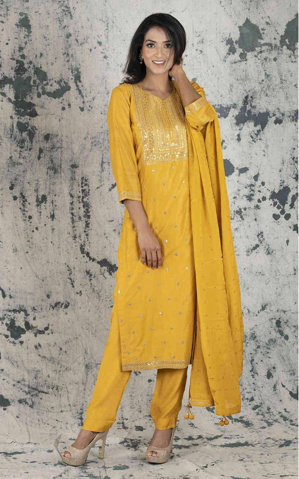 Mustard Silk Suit Material with Zari &amp; Sequins work.