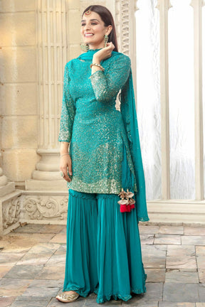 Turquoise Colour Georgette Gharara Suit.