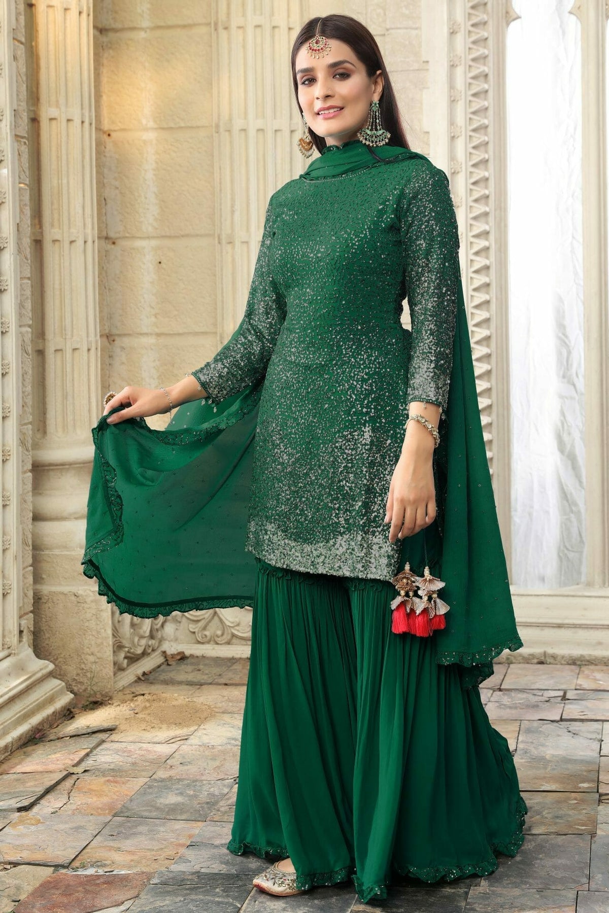 Green Georgette Gharara Suit.