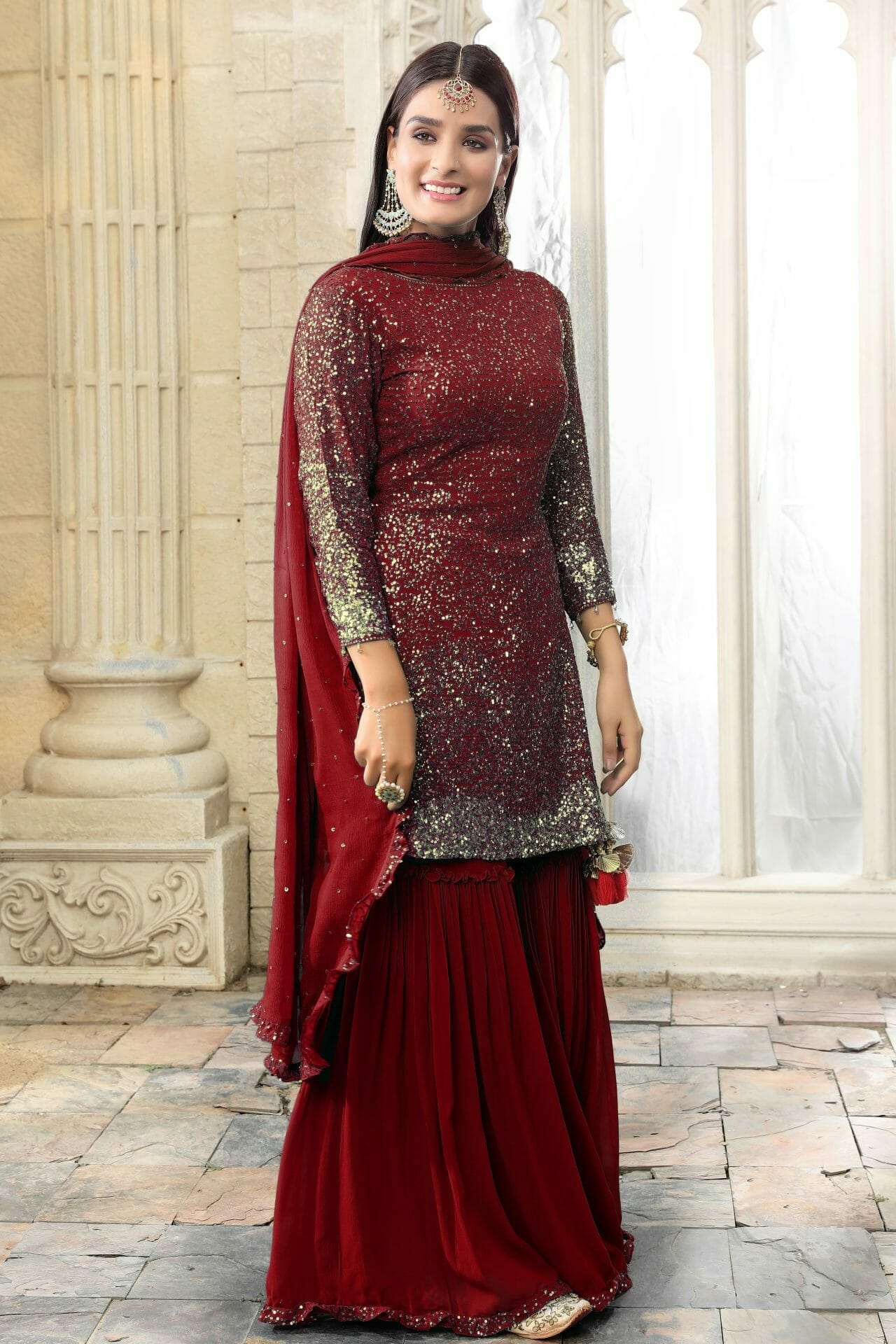 Maroon Colour Georgette Gharara Suit.