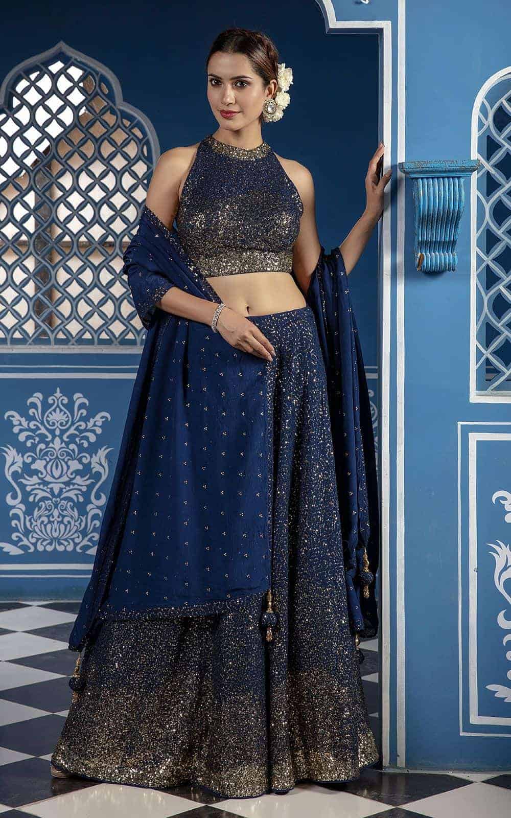 Navy Blue Georgette Lehenga.