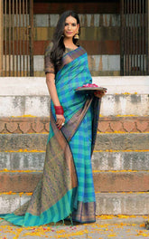 Blue &amp; Green Checkered Cotton Silk Saree.