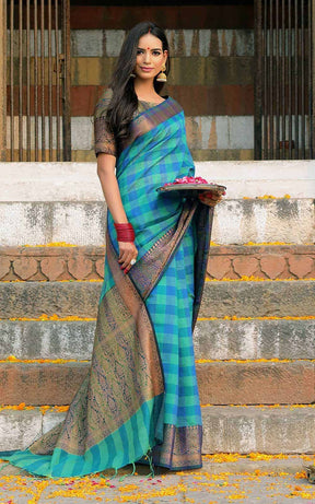 Blue &amp; Green Checkered Cotton Silk Saree.