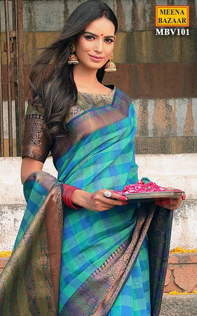 Blue &amp; Green Checkered Cotton Silk Saree.