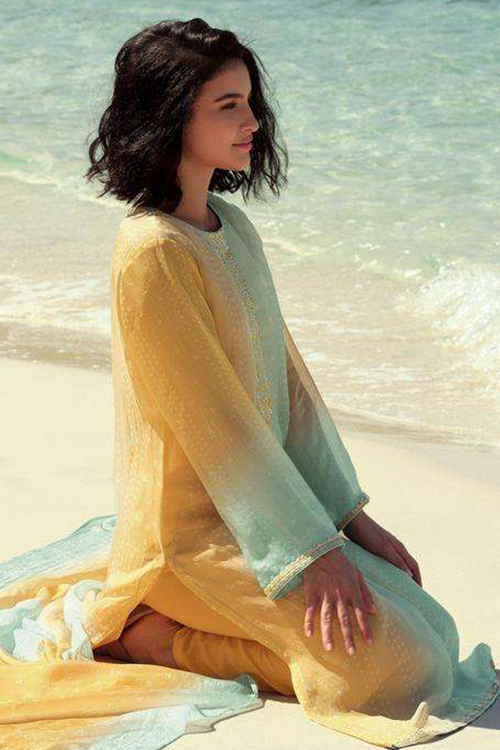 Mustard Color Organza Print Unstiched Suit Material
