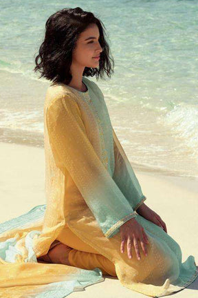Mustard Color Organza Print Unstiched Suit Material