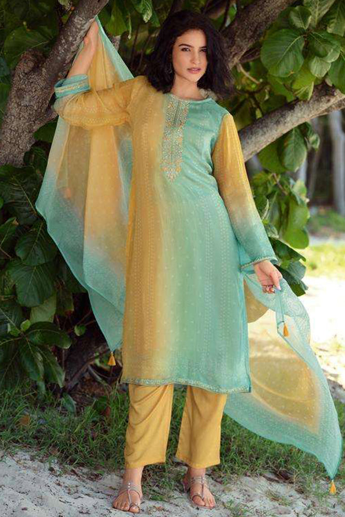 Mustard Color Organza Print Unstiched Suit Material