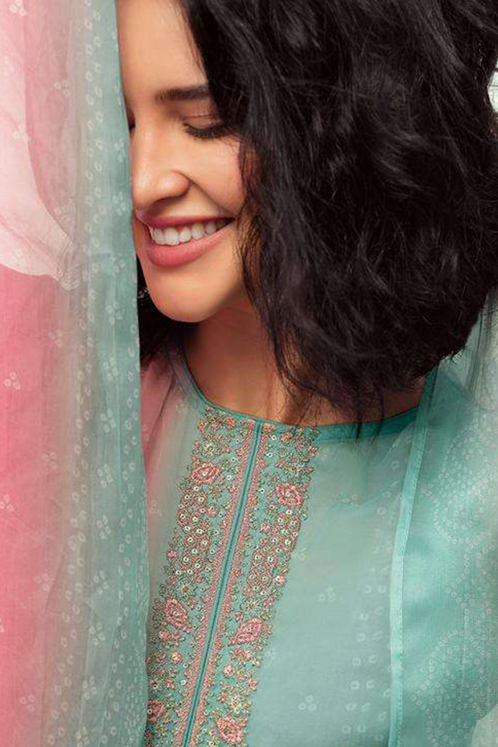 Pink Color Organza Print Unstiched Suit Material
