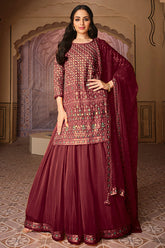 Dark Scarlet Colour Georgette Skirt Suit.