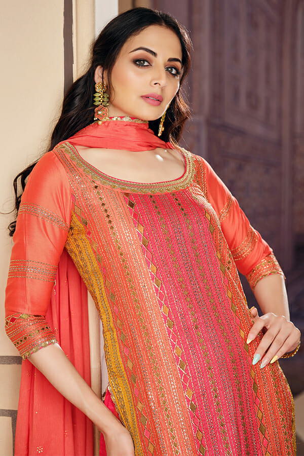 Orange Color Tussar Silk Gharara Suit