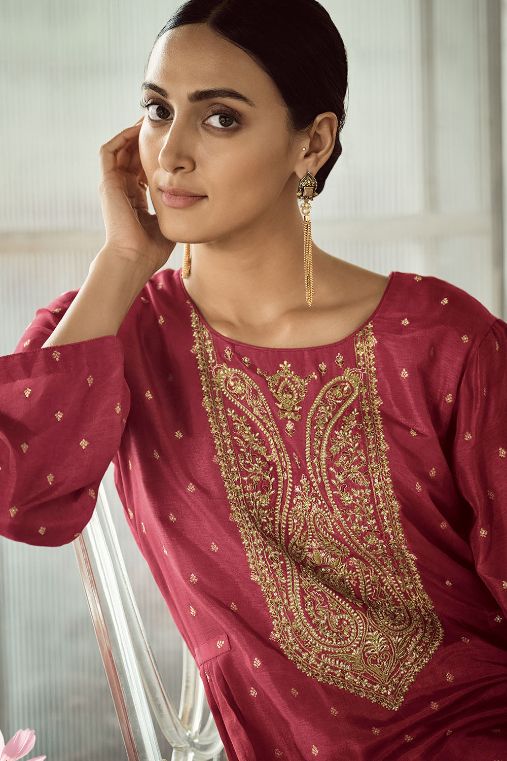 Maroon Colour Silk Suit Material.