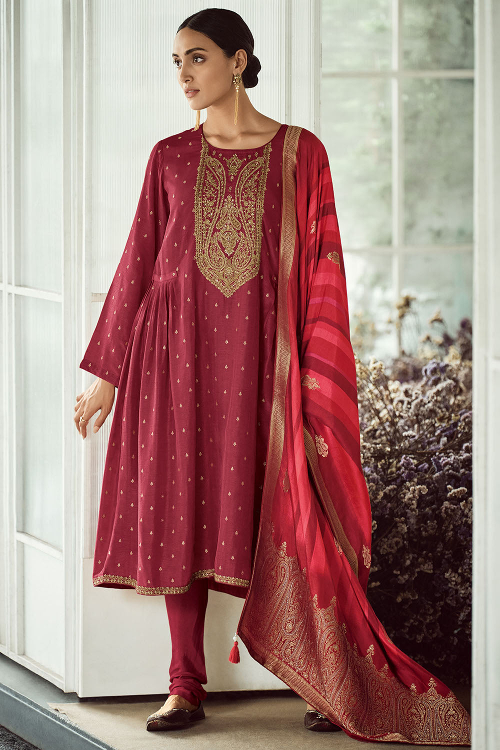 Maroon Colour Silk Suit Material.