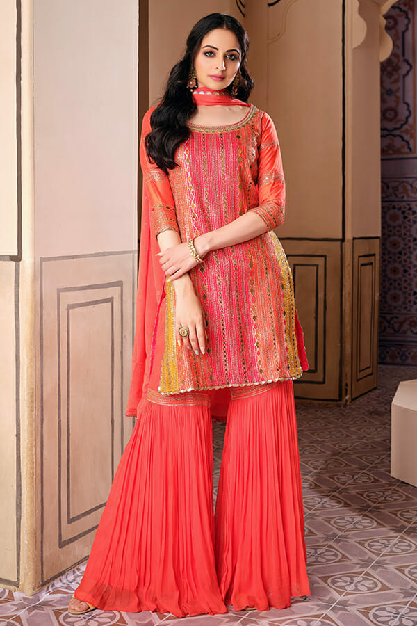 Orange Color Tussar Silk Gharara Suit