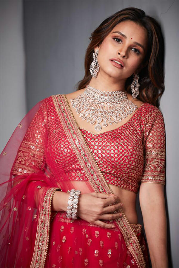 Scarlet Colour Sequins Work Net Lehenga.