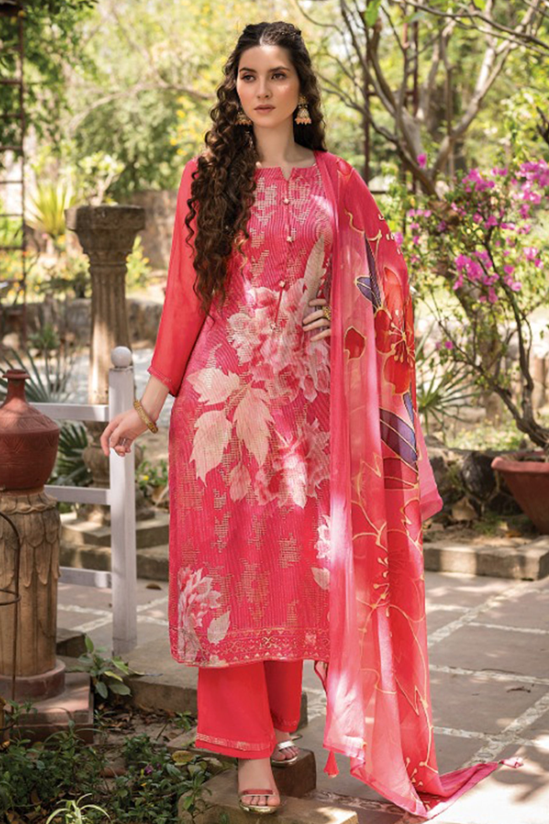 Pink Color Sequins & Pintuck Unstitched Suit Material